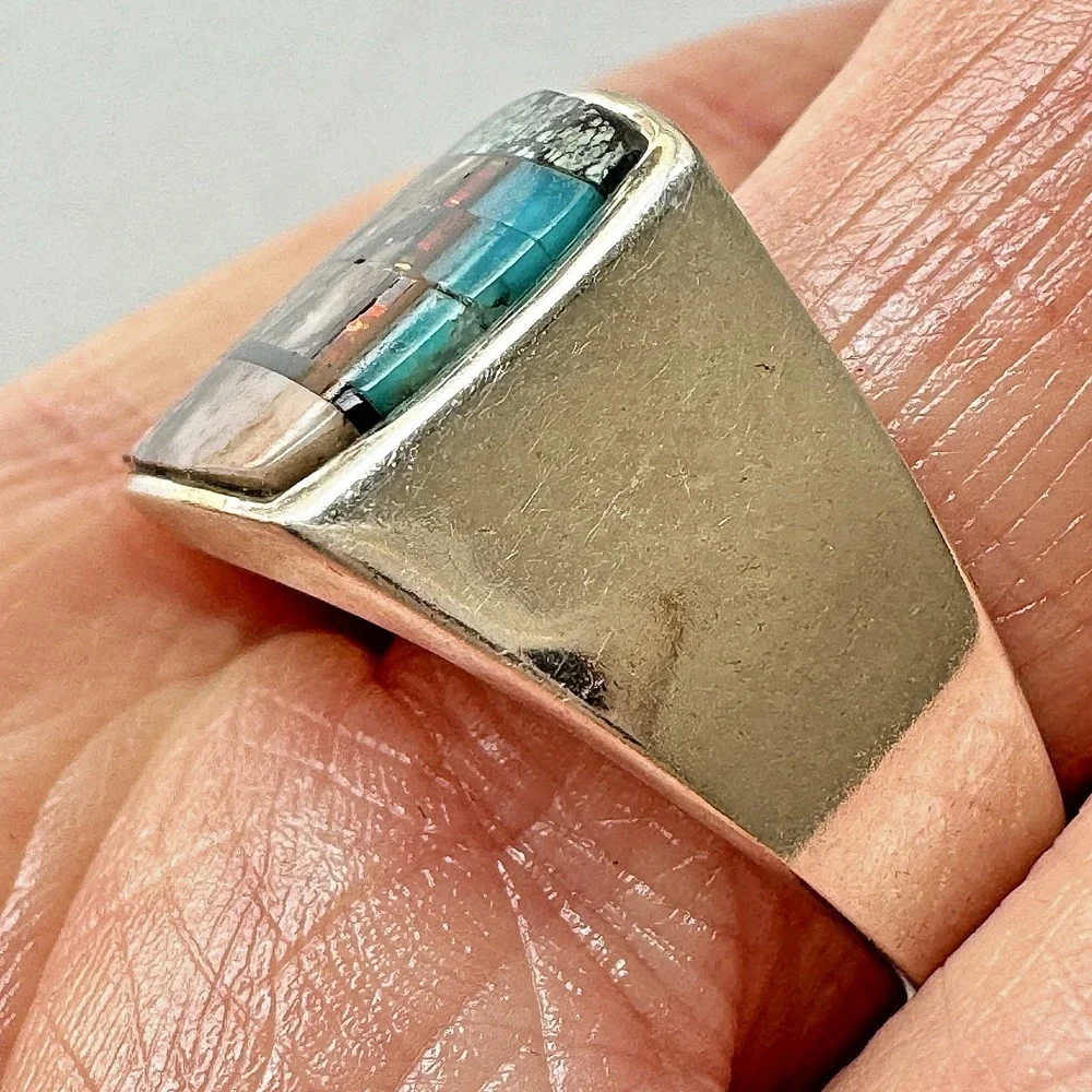 Navajo Mens Inlay Ring Turquoise Inlay Sz 12 Band 15mm Signed Tsosie Native Amer